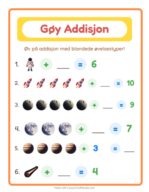 Forhåndsvisning av Addisjon-arbeidsark med Verdensrommet for Barnehage (5-7 år)