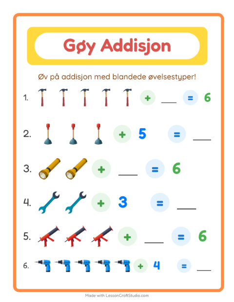 Forhåndsvisning av Addisjon-arbeidsark med Verktøy for Barnehage (5-7 år)