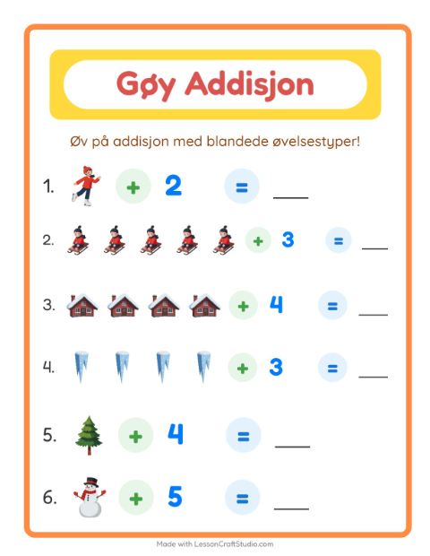 Forhåndsvisning av Addisjon-arbeidsark med Vinter for Barnehage (5-7 år)