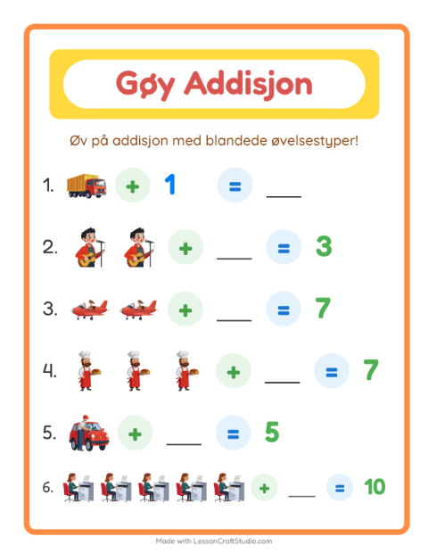 Forhåndsvisning av Addisjon-arbeidsark med Yrker for Barnehage (5-7 år)