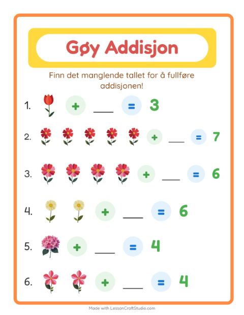Forhåndsvisning av Addisjon-arbeidsark med Blomster for Barnehage (5-7 år)