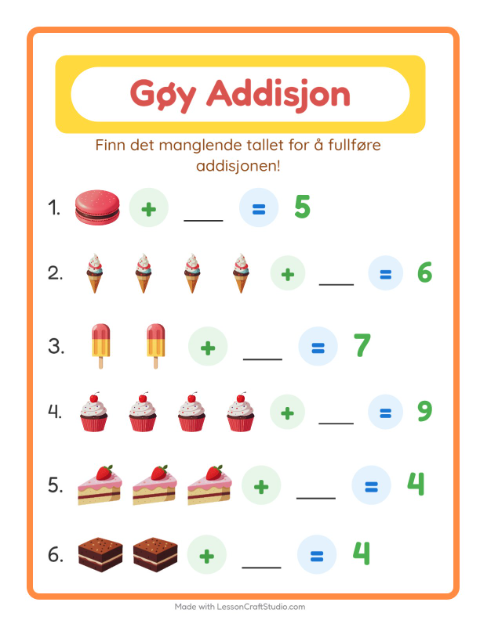 Forhåndsvisning av Addisjon-arbeidsark med Desserter og godteri for Barnehage (5-7 år)