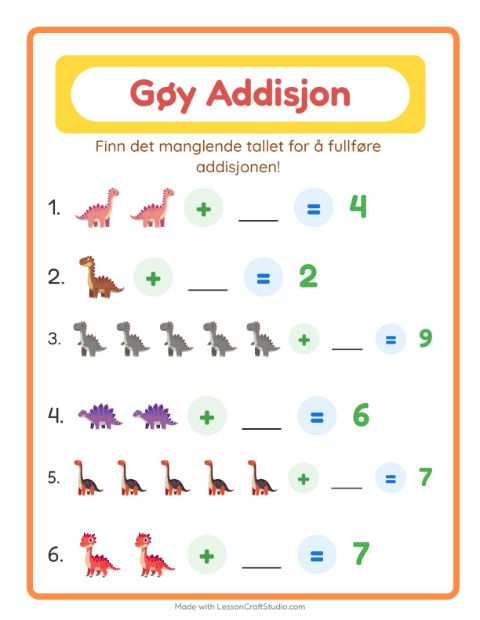 Forhåndsvisning av Addisjon-arbeidsark med Dinosaurer for Barnehage (5-7 år)