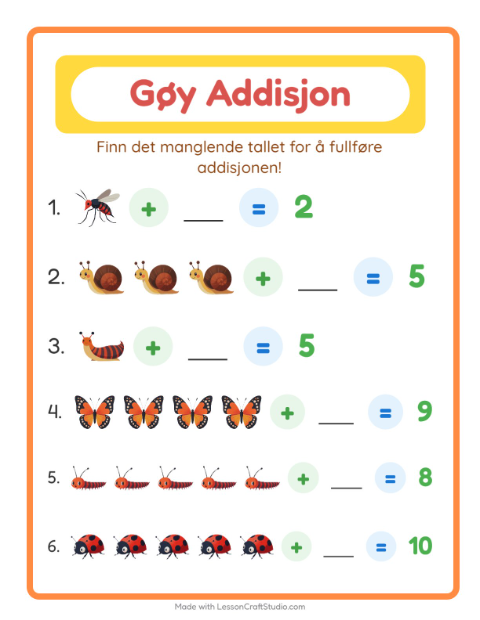 Forhåndsvisning av Addisjon-arbeidsark med Insekter og kryp for Barnehage (5-7 år)