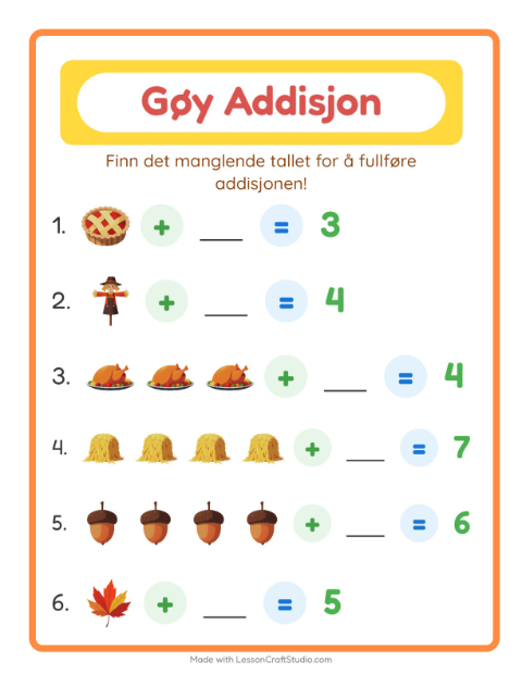 Forhåndsvisning av Addisjon-arbeidsark med Thanksgiving for Barnehage (5-7 år)