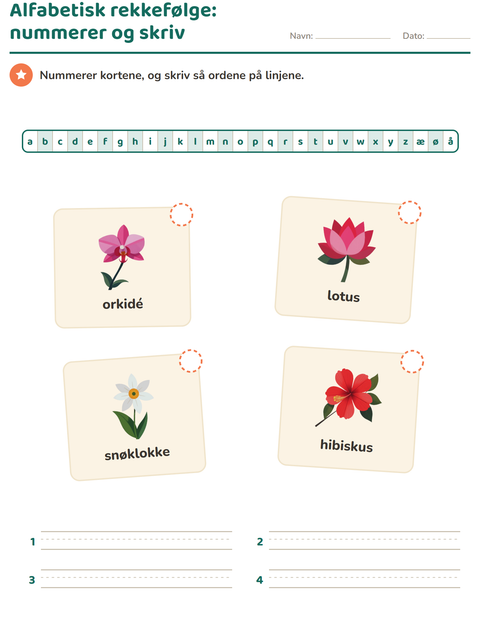 Forhåndsvisning av Alfabetisk rekkefølge-arbeidsark med Blomster for 1. trinn