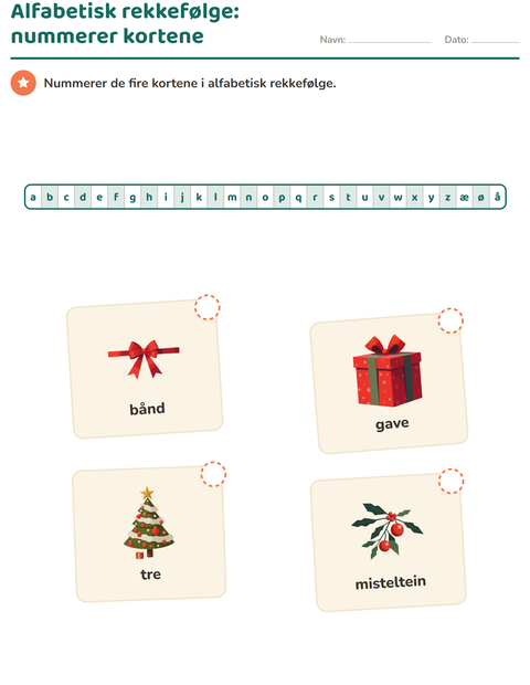 Forhåndsvisning av Alfabetisk rekkefølge-arbeidsark med Jul for 1. trinn