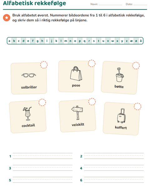 Forhåndsvisning av Alfabetisk rekkefølge-arbeidsark med Strand SH 2 for 1. trinn