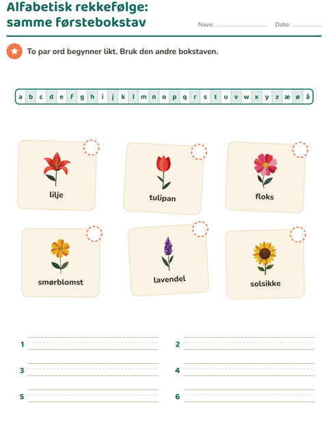 Forhåndsvisning av Alfabetisk rekkefølge-arbeidsark med Blomster for 1. trinn