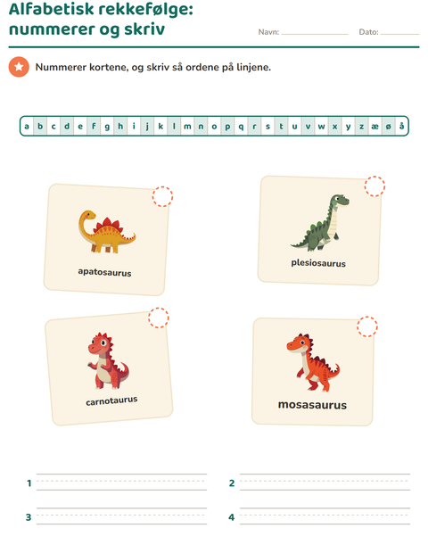 Forhåndsvisning av Alfabetisk rekkefølge-arbeidsark med Dinosaurer for 1. trinn