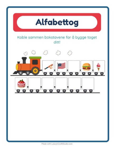Forhåndsvisning av Alfabettoget-arbeidsark med 4. juli for Barnehage (3-5 år)