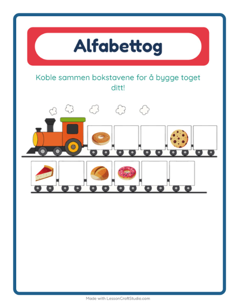 Forhåndsvisning av Alfabettoget-arbeidsark med Bakeri for Barnehage (3-5 år)