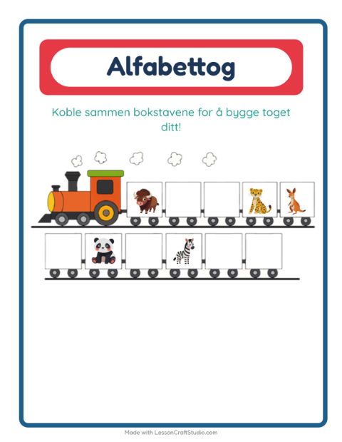 Forhåndsvisning av Alfabettoget-arbeidsark med Dyrehagedyr for Barnehage (3-5 år)