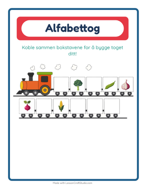 Forhåndsvisning av Alfabettoget-arbeidsark med Grønnsaker for Barnehage (3-5 år)