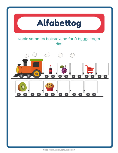 Forhåndsvisning av Alfabettoget-arbeidsark med I supermarkedet for Barnehage (3-5 år)