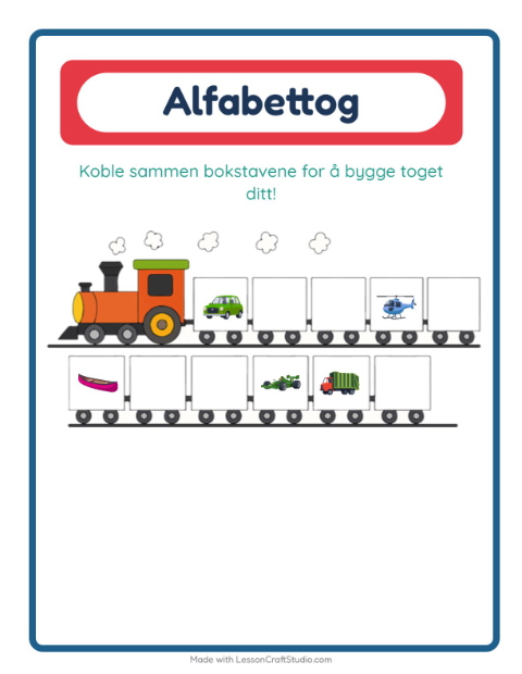 Forhåndsvisning av Alfabettoget-arbeidsark med Kjøretøy for Barnehage (3-5 år)