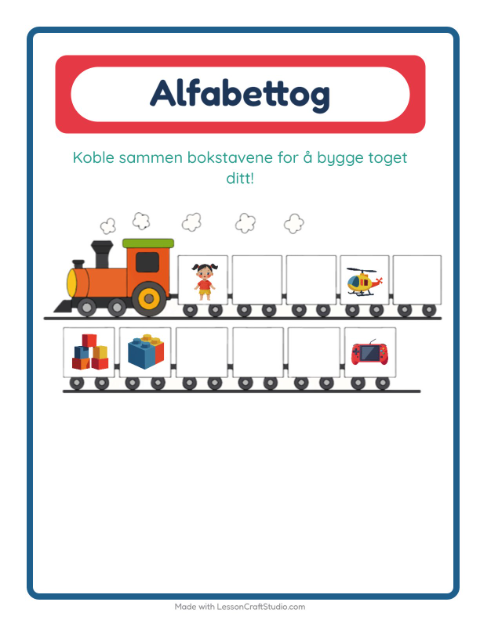 Forhåndsvisning av Alfabettoget-arbeidsark med Leker for Barnehage (3-5 år)