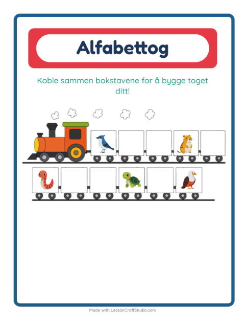 Forhåndsvisning av Alfabettoget-arbeidsark med Skogsdyr for Barnehage (3-5 år)