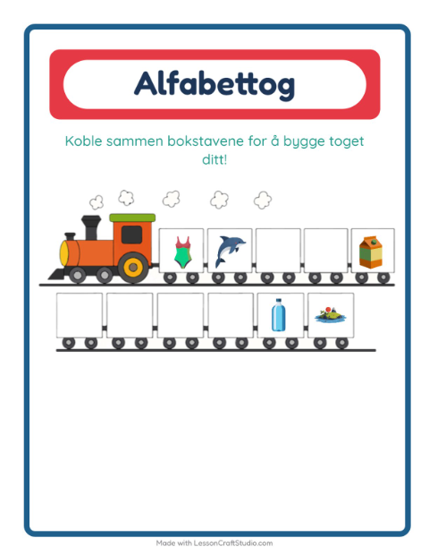 Forhåndsvisning av Alfabettoget-arbeidsark med Strand for Barnehage (3-5 år)