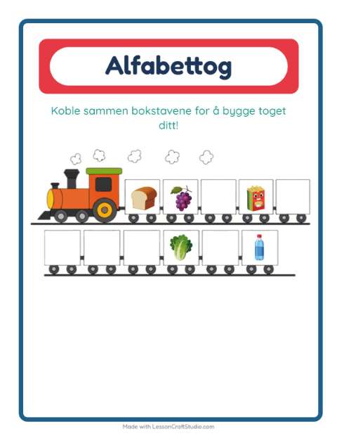 Forhåndsvisning av Alfabettoget-arbeidsark med I supermarkedet for Barnehage (3-5 år)