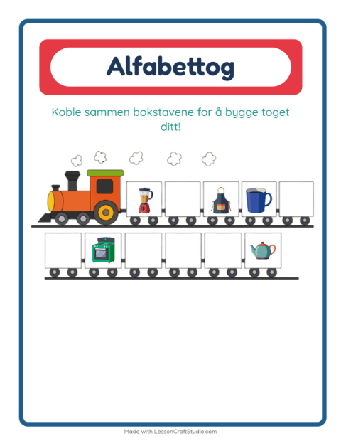 Forhåndsvisning av Alfabettoget-arbeidsark med Kjøkkenredskaper for Barnehage (3-5 år)