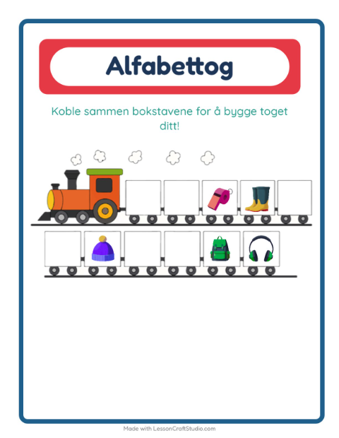 Forhåndsvisning av Alfabettoget-arbeidsark med Tilbehør for Barnehage (3-5 år)