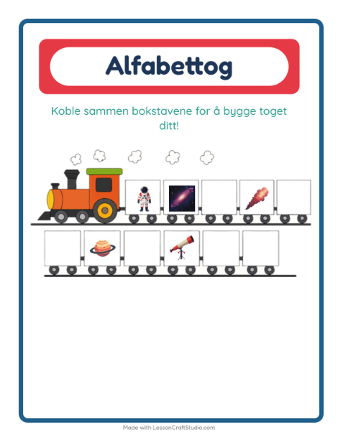 Forhåndsvisning av Alfabettoget-arbeidsark med Verdensrommet for Barnehage (3-5 år)