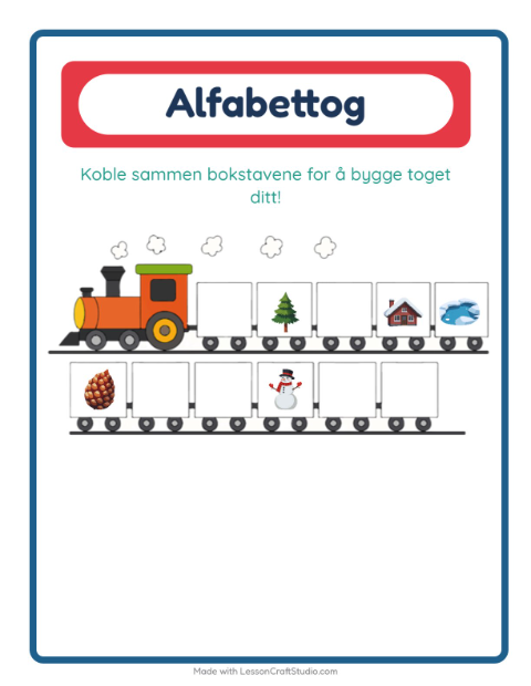 Forhåndsvisning av Alfabettoget-arbeidsark med Vinter for Barnehage (3-5 år)