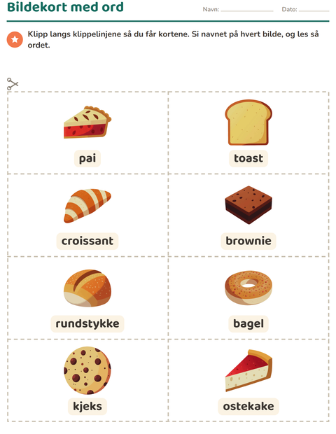 Forhåndsvisning av Bildekort-arbeidsark med Bakeri for Barnehage (5-7 år)