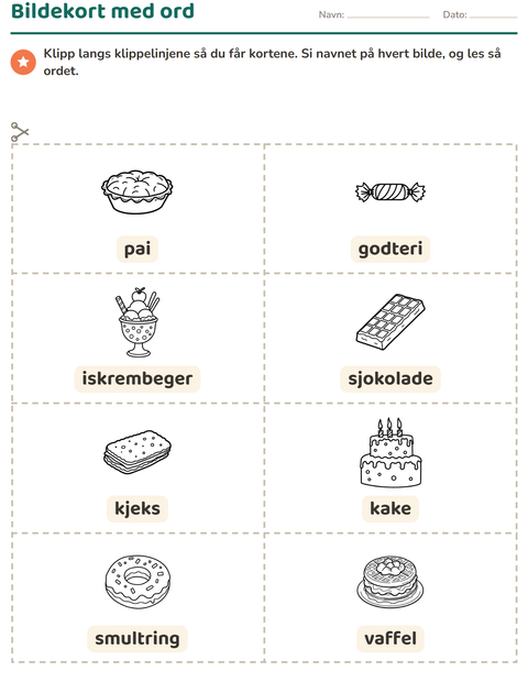 Forhåndsvisning av Bildekort-arbeidsark med Dessert (S/H) for Barnehage (5-7 år)