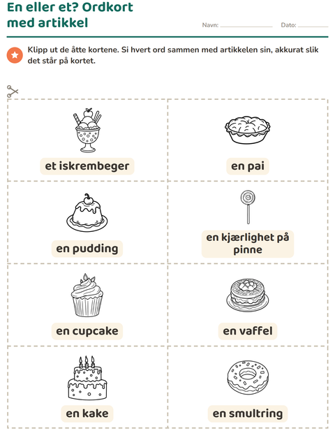 Forhåndsvisning av Bildekort-arbeidsark med Dessert (S/H) for Barnehage (5-7 år)