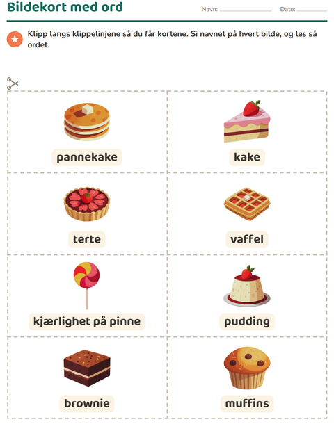 Forhåndsvisning av Bildekort-arbeidsark med Desserter og godteri for Barnehage (5-7 år)