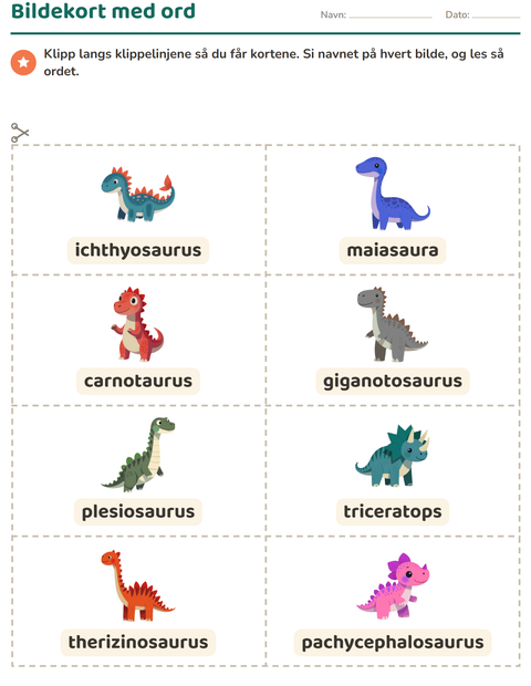 Forhåndsvisning av Bildekort-arbeidsark med Dinosaurer for Barnehage (5-7 år)
