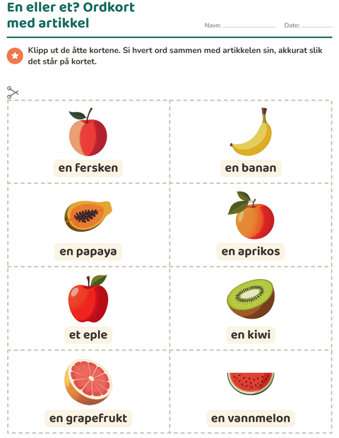 Forhåndsvisning av Bildekort-arbeidsark med Frukter for Barnehage (5-7 år)