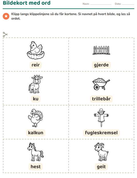 Forhåndsvisning av Bildekort-arbeidsark med Gård SH for Barnehage (5-7 år)