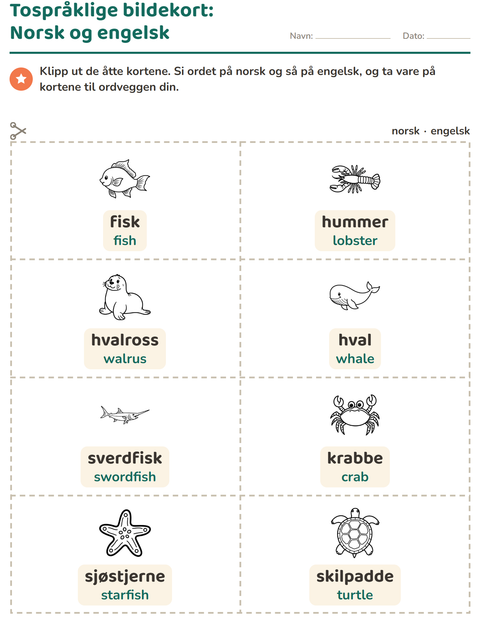 Forhåndsvisning av Bildekort-arbeidsark med Havliv SH for Barnehage (5-7 år)