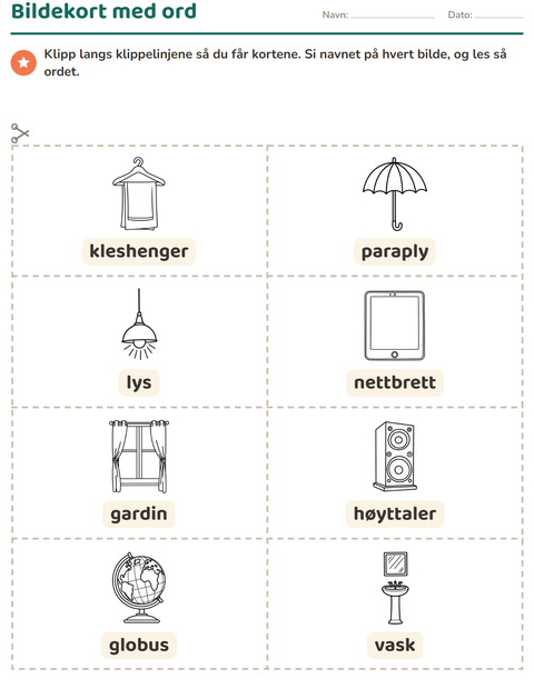 Forhåndsvisning av Bildekort-arbeidsark med Husholdning SH for Barnehage (5-7 år)