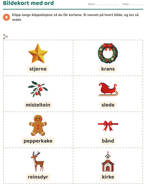 Forhåndsvisning av Bildekort-arbeidsark med Jul for Barnehage (5-7 år)
