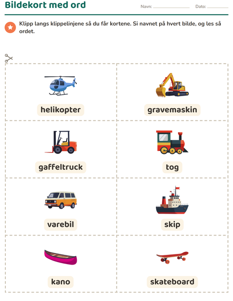 Forhåndsvisning av Bildekort-arbeidsark med Kjøretøy for Barnehage (5-7 år)