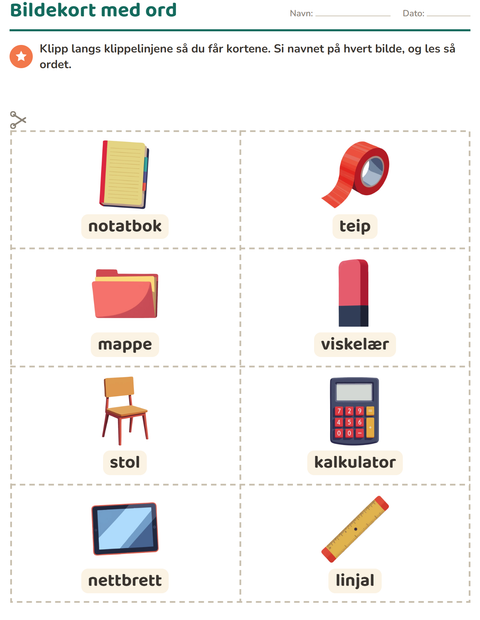 Forhåndsvisning av Bildekort-arbeidsark med Klasserom for Barnehage (5-7 år)