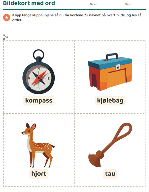 Forhåndsvisning av Bildekort-arbeidsark med Camping for Barnehage (5-7 år)