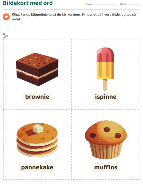Forhåndsvisning av Bildekort-arbeidsark med Desserter og godteri for Barnehage (5-7 år)