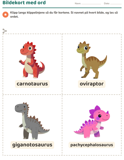 Forhåndsvisning av Bildekort-arbeidsark med Dinosaurer for Barnehage (5-7 år)