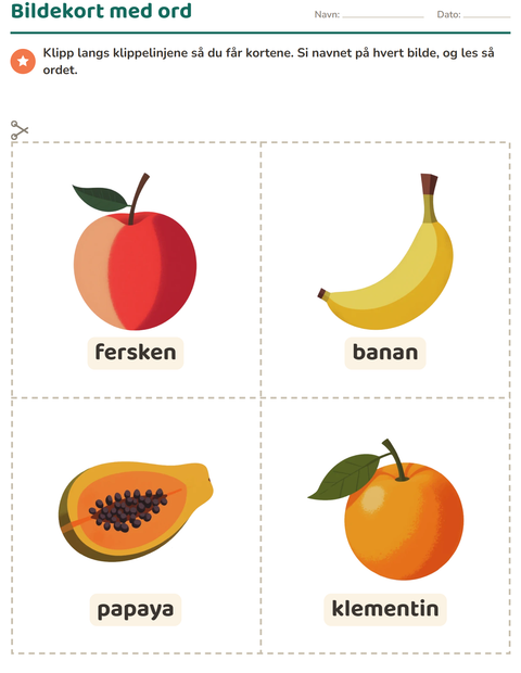 Forhåndsvisning av Bildekort-arbeidsark med Frukter for Barnehage (5-7 år)