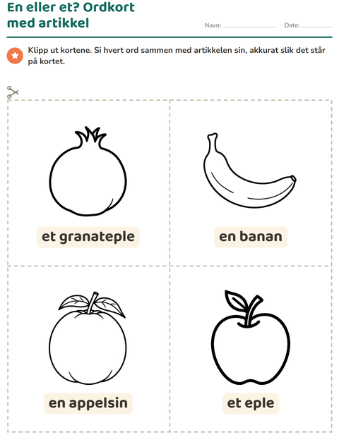 Forhåndsvisning av Bildekort-arbeidsark med Frukter SH for Barnehage (5-7 år)