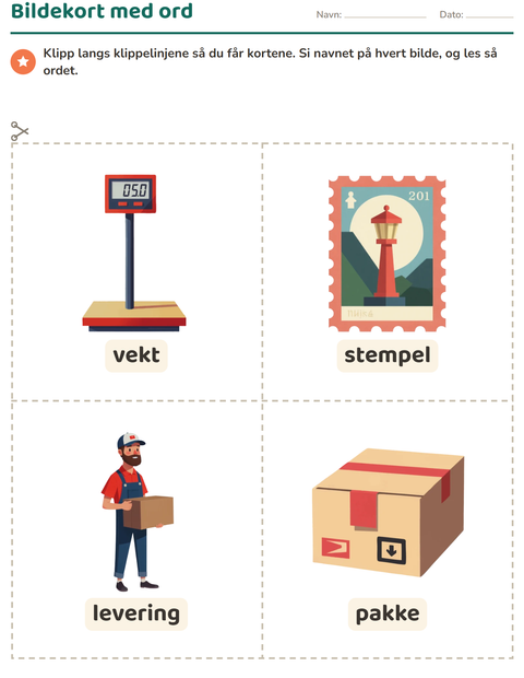 Forhåndsvisning av Bildekort-arbeidsark med Postkontor for Barnehage (5-7 år)