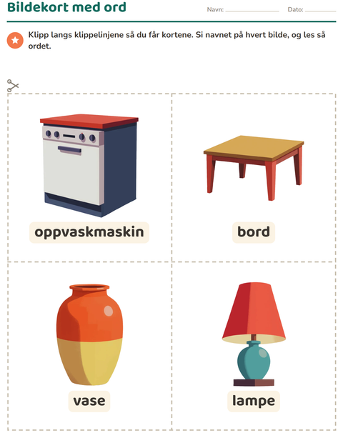 Forhåndsvisning av Bildekort-arbeidsark med Rundt i huset for Barnehage (5-7 år)