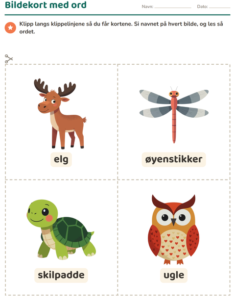 Forhåndsvisning av Bildekort-arbeidsark med Skogsdyr for Barnehage (5-7 år)