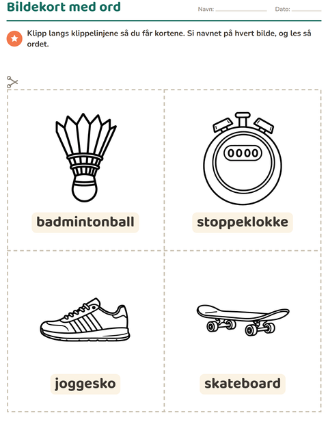 Forhåndsvisning av Bildekort-arbeidsark med Sport SH 2 for Barnehage (5-7 år)