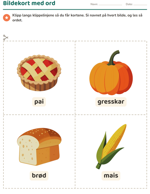 Forhåndsvisning av Bildekort-arbeidsark med Thanksgiving for Barnehage (5-7 år)